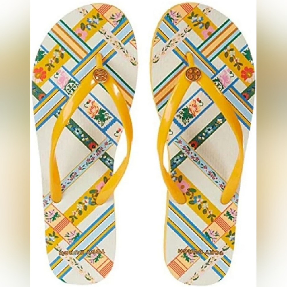 Tory Burch Thin Printed Flip Flop Sandals Thongs Gold Crest Ribbon Weave size 5